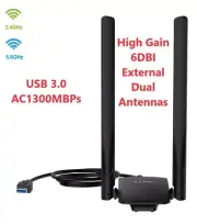 AC1300 High Power USB Dual Antenna AC Wireless WiFi Adapter Long Range 802.11AC