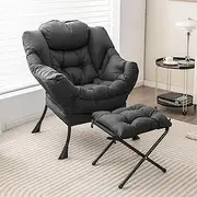 Costway Lazy Chair with Ottoman, Modern Large Accent Chair with Folding Footrest, Head Pillow, Armrests and Side Storage Pocket, Upholstered Reading Chair for Living Room, Bedroom, Office and Balcony