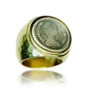 Unique Queen Elizabeth II Coin Yellow Matte Gold 24K Plated Hammered Ring Sz 8