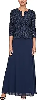 [Alex Evenings] Women's Long Empire Waist, Two Piece Mother of The Bride Dress with Lace Jacket, (Petite and Regular Sizes)