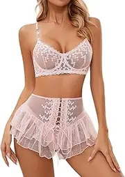 [ABAFIP] Women Babydoll Lingerie set 3 Piece Sheer Lace Underwire Bra Panty sets with Mesh Mini Skirt