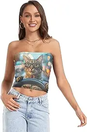 [RPLIFE] Funny Cat Crop Tube Top Sheer Tube Tops, Strapless Tube Top, Summer Clothes (S)