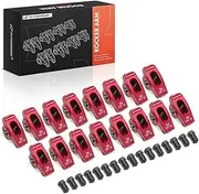 A-Premium 16Pcs Red Aluminum Engine Roller Rocker Arms with Needle Bearings Compatible with Chevy SBC 350, 1.6 Ratio, 7/16" Studs