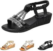 [ROCOTT] Women Rhinestone Fish Mouth Sandals, Open Toe T-Shaped Flat Shoes, Platform Wedge Sandals Comfy Walking Beach Sandal (Color : Black, Size : 41)