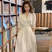 Elbow-Sleeve Plain Midi A-Line Dress White - S