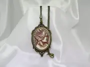 Vintage Victorian Lady Lucite Cameo Bronzed Pendant Necklace Old New