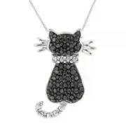 2Ct Round Cut Lab Created Black Diamond Cat Pendant 14K White Gold Plated Silver