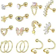 [Sanfenly] 16G Cartilage Earrings Stud for Women Men Stainless Steel Stud Earrings Hypollergenic CZ Butterfly Heart Helix Tragus Piercing Jewelry