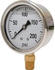 41 Series 2.5" 200 PSI Pressure Gauge - Stainless Steel, 1/4" NPT Brass Bottom Mount, Glycerin Filled