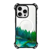 iPhone 16 Pro Bounce Case MagSafe Compatible WOODLAND RETREAT 1, FOREST TREES TEAL BLUE GREEN NATURE MOUNTAINS PAINTING