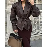 Women's Faux Leather Jacket Warm Comfortable Lace up Pocket Fashion Outdoor Plain Outdoor Street Going out Regular Turndown Regular Fit Long Sleeve Outerwear B