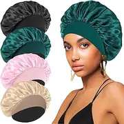 4PCS Silk Satin Bonnets for Black Women & Men - Elastic Wide Band Hair Wrap Cap for Curly Hair - Shower Cap for Sleeping (Black, Peacock Blue, Pink, Khaki)