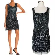 AIDAN MATTOX Cocktail Dress Sequined Sheath Scoop Neck Sleeveless Mesh 12 NWT