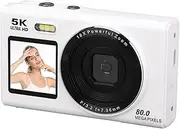 Denash 5K 80MP Digital Camera, Double Screen WiFi Compact Camera with 18x Zoom & Flash Travel Camera for Vlogging/Live Streaming​ (White)