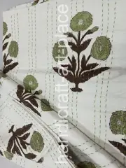 White Pretty Hand Block Floral Print Quilt With Kantha King Size Bedspread Boho