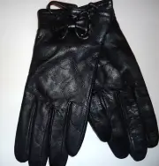 Ladies Big Bow Genuine Leather Gloves,Black, Large