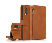 For Samsung Galaxy Note 10 Plus Case, Leather Zipper Purse Flip Cover Case with Card Slot Holder Wrist Strap Lanyard (Brown)