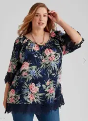 Autograph Top Plus Size 24 Tunic On/Off Shoulder Navy Floral Lace 3/4 Sleeve NEW
