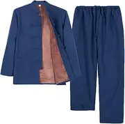 [NTWSHS] Chinese Clothing Winter Tang Suit Cotton Men Plus Velvet Tai Chi Uniform Long Sleeve Chinese Traditional Clothes Tops,Hanfu Jacket Kung Fu Clothing Shirt Coat Martial Arts Suit(Blue,4X-Large)