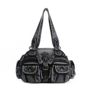 Nevenka Womens Shoulder Bag Handle Satchel Hobo Fashion Washed Leather Purse-Retro Black