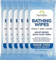 No Rinse Bathing Wipes by Nurture | 48 Microwavable Adult Wash Cloths with Aloe Vera and Vitamin E - Rinse Free Cleansing Bath Wipes - Latex Lanolin and Alcohol Free - 6 Packs of 8 Wipes