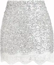 [Generic] Womens Sequin-Skirt Sparkle-Skirt - Stretchy Hight Waist Glitter Mini Skirts with Lace Ruffle for Night Out Club Party