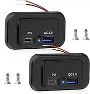 2Pcs Dual USB Car Charger Socket QC 3.0 and PD Type-C Dual Port USB Car Charger Adapter 12V-24V Quick Charge Socket Panel with Spring Cover for RV Boat Caravan Marine