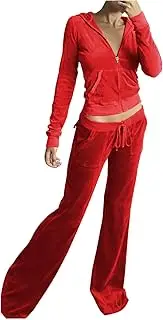 [Olivcker] Women Sweatshirt Velour 2 Piece Outfit Tracksuits Long Sleeve Zipper Hooded Jacket Wide Leg Casual Y2K Suit A1-red~lightning Deals of Today Large, A1-red~lightning Deals of Today, Large