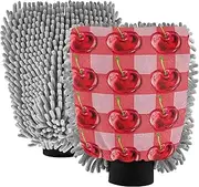 Red Cherries Checkerboard Washing Mitts Car Wash Soft Non Scratch Sponge Auto Detailing Supplies Absorbent Chenille Microfiber, Large x 2 Pack