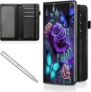 [Mxfdegf] Checkbook Cover for Men & Women, with Card Slot Pen Hoop, Leather Checkbook Register Holder Money Slim Wallet with RFID Blocking Elastic Strap, Blue Pink Roses Butterfly, Compact