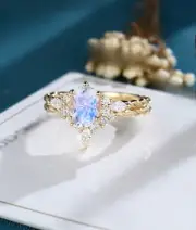 925 Silver 18k Gold Plated Natural Moonstone Oval Cut Vintage Ring Set for Her