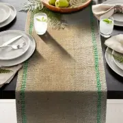 Green stripe inlay - 12" x 72" Burlap Table Runner Rustic fringe drop edges