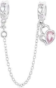 [Teleye] Heart Lock Safety Chain Charm 925 Sterling Silver Charm Fits For Pandora Bracelet Necklace,BSC975, Cubic Zirconia, Created Cubic Zirconia