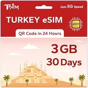 TSIM Prepaid Turkey eSIM for Travel | 30 days 3GB 5G Speed | Hotspot Allowed | eSIM QR Code Sent by Email within 24Hrs of Shipping | Scan QR Code and use Immediately | Data Only No Voice