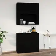 Black Wall Cabinet 80x33x80 cm | Modern Engineered Wood Storage Solution for Living Room, Dining Room, Kitchen, or Entryway