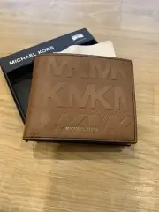 Michael Kors Men’s All Over MK Logo Print Leather Slim Billfold Wallet Brown NWT