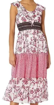 Taylor Tiered Chiffon Midi Dress Size 6 Red Floral White Swiss Dot NWT $118