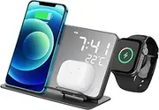Wireless Charging Station with LED Digital Clock Temperature Display for and Smartwatch Safe Overcharge Protection