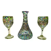 Hand Blown Murano Style Jewel Confetti Art Glass Decanter Vase W/ Glasses