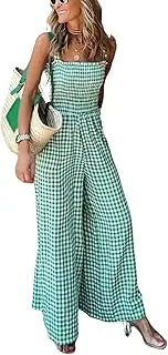 [ebossy] Women's Casual Plaid Gingham Wide Leg Jumpsuits Spaghetti Straps Long Smocked Overalls Rompers