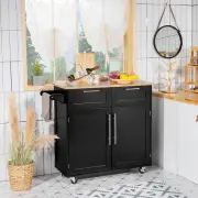 CostwayKitchen Island Cart with Rubber Wood Top and Lockable Casters-Black