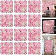Flower Wall Backdrop 12 PCs of 16.5x16.5 Inch Pink Flower Wall Panel Artificial 3D Silk Rose Wall Wedding Floral Mat for Stage Party Photo Background Home Decoration