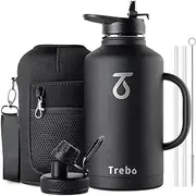 Insulated Water Bottle 2L, Trebo Stainless Steel Water Bottle Large Metal Bottle with Handle Wide Mouth Double Wall Sports Bottle Keep Cold Water Bottle 48 Hours, Black