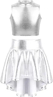 [TiaoBug] Girls Shiny Metallic Crop Tank Top with Pleated Skort Skirt Ballet Dance Jazz Hip Hop Performance Costumes