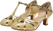 [FARZAH] Women's Latin Salsa T-Strap Closed Toe Synthetic Ballroom Dance Shoes(Gold,7)