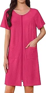 [Ekouaer] Women's Zipper Robe Short Sleeves Swiss Dots Housecoat Zip Up Bathrobe Soft Nightgown with Pockets S-3XL(Rose, XX-Large), Rose, XX-Large