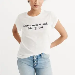 【Abercrombie & Fitch】A&F 麋鹿 AF 經典刺繡文字短袖T恤 上衣-女-白色(平輸品)