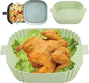 1/2Pcs Air Fryer Silicone Pot with Handle Heat Resistant Air Fryer Reusable Air Fryer Liner Silicone Pot Square Liners Tray with 2 Brushes Vegetables Chicken Beef Baskets for Air Fryer Oven Microwave (2Pc Green Thick)