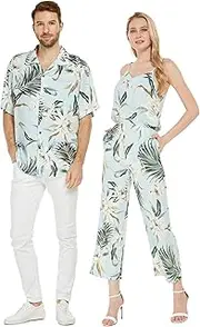 [Hawaii Hangover] Matchable Couple Hawaiian Luau Shirt or V-Neck Jumpsuit with Pockets in Wispy Cereus Light Blue