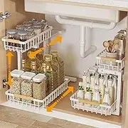 Cyiecweu 2 Tier Kitchen Cabinet Organiser, L Shape Height Adjustable Sink Organiser, Extendable Cabinet Organiser, Kitchen, Multi-Purpose Carbon Steel Under Sink Shelf, White